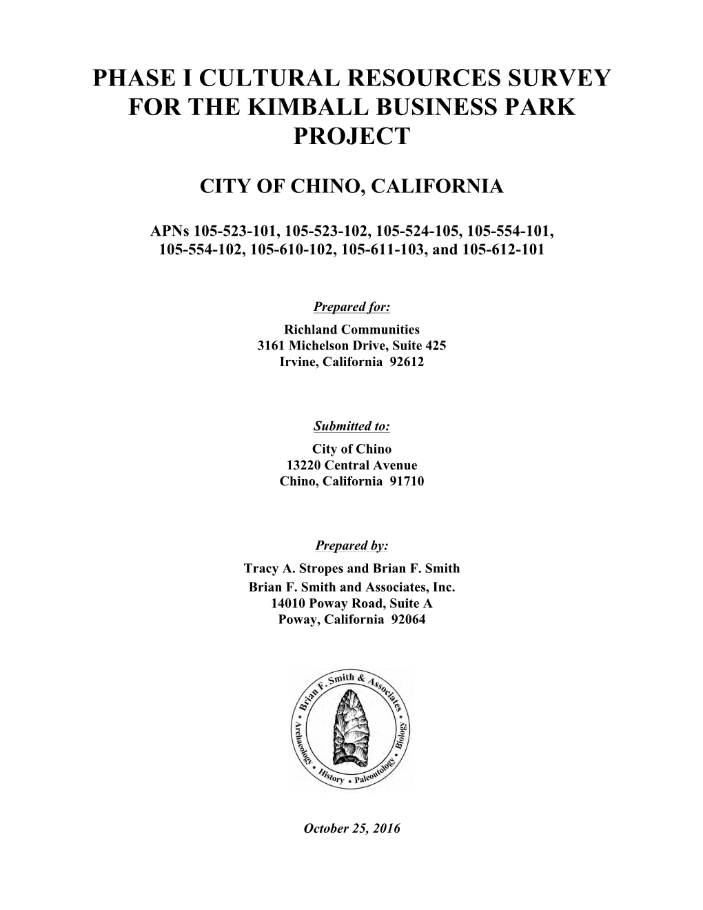 Phase I Cultural Resources Survey for the Kimball Business Park Project