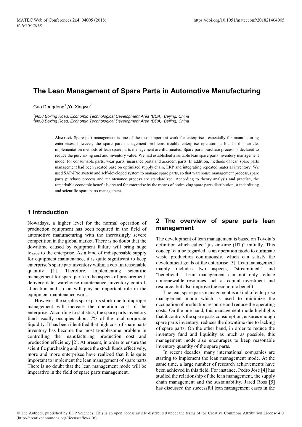 The Lean Management of Spare Parts in Automotive Manufacturing