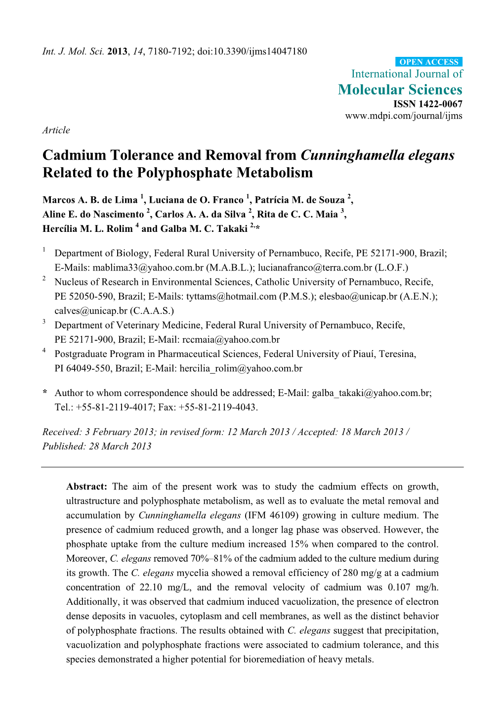 Cadmium Tolerance and Removal from Cunninghamella Elegans Related to the Polyphosphate Metabolism