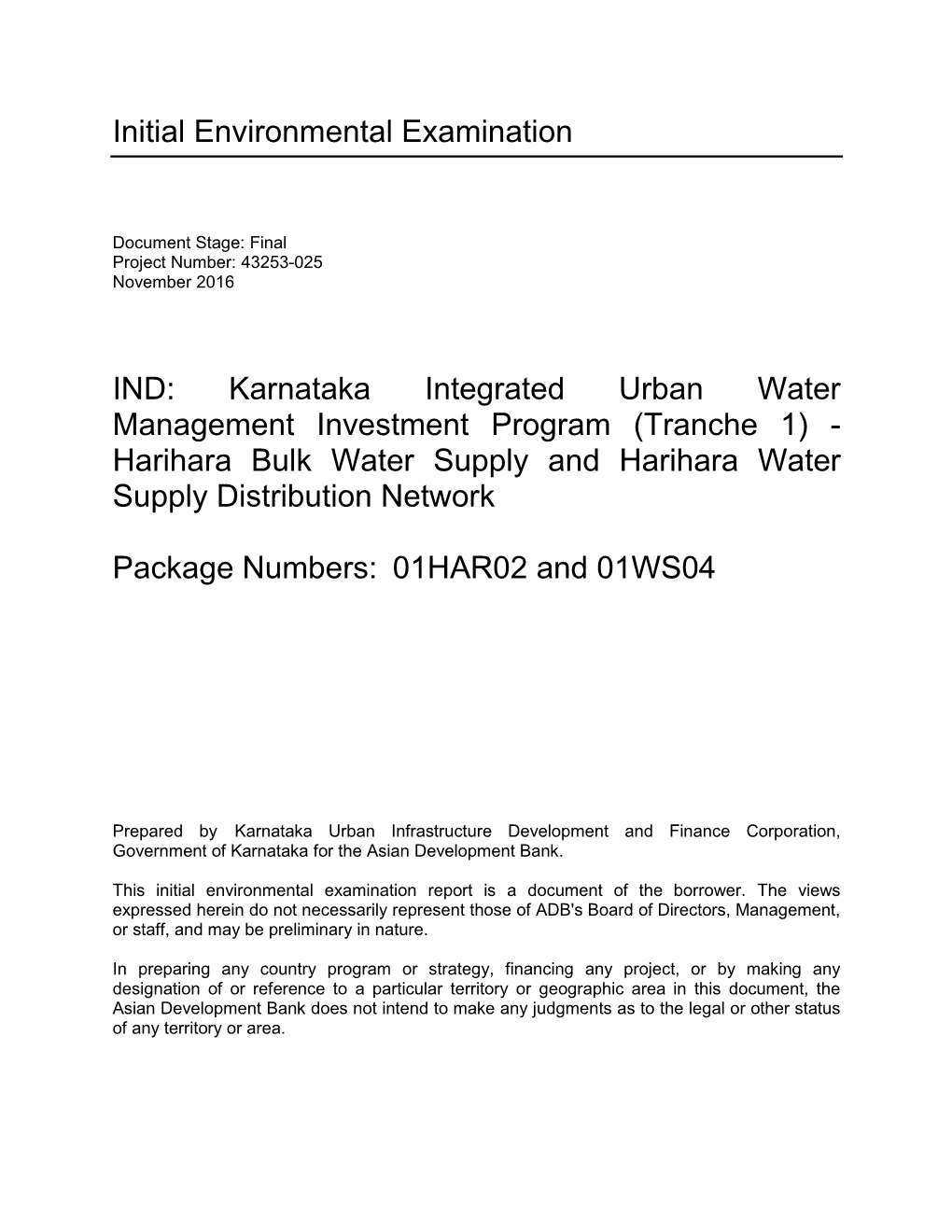 Karnataka Integrated Urban Water Management Investment Program (Tranche 1) - Harihara Bulk Water Supply and Harihara Water Supply Distribution Network