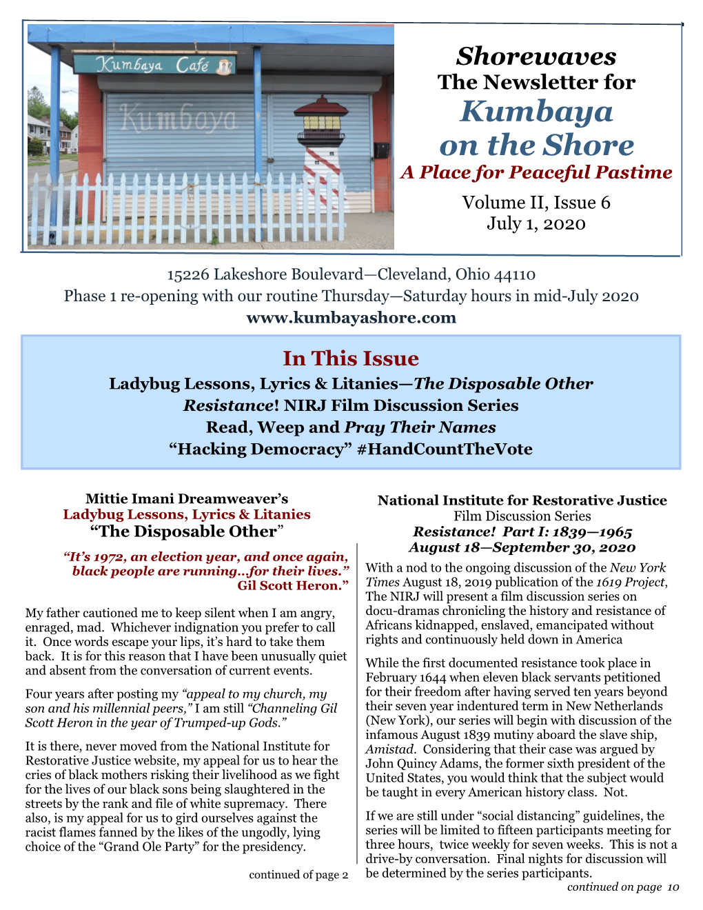 Shorewaves the Newsletter for Kumbaya on the Shore a Place for Peaceful Pastime