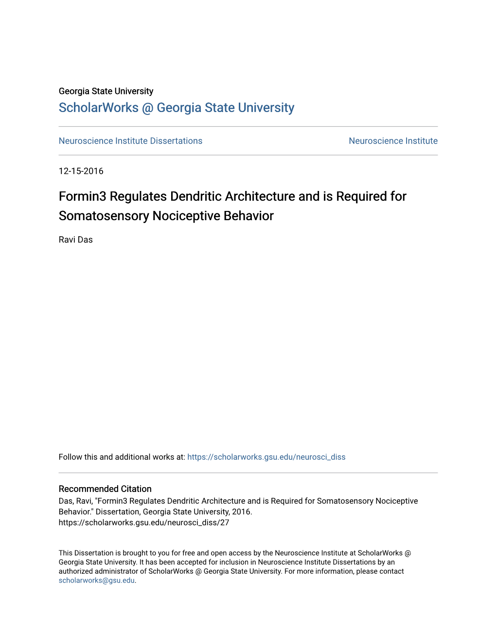 Formin3 Regulates Dendritic Architecture and Is Required for Somatosensory Nociceptive Behavior