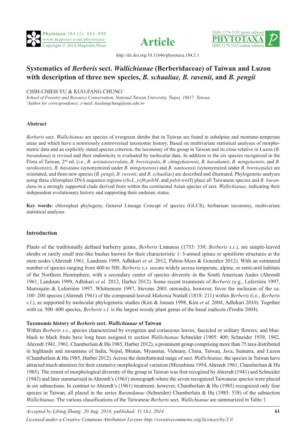 Berberidaceae) of Taiwan and Luzon with Description of Three New Species, B