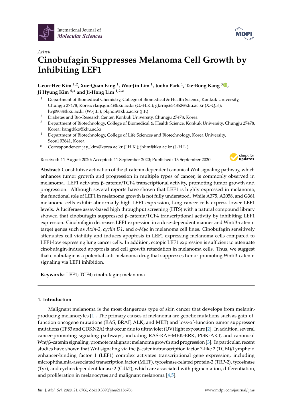 Cinobufagin Suppresses Melanoma Cell Growth by Inhibiting LEF1