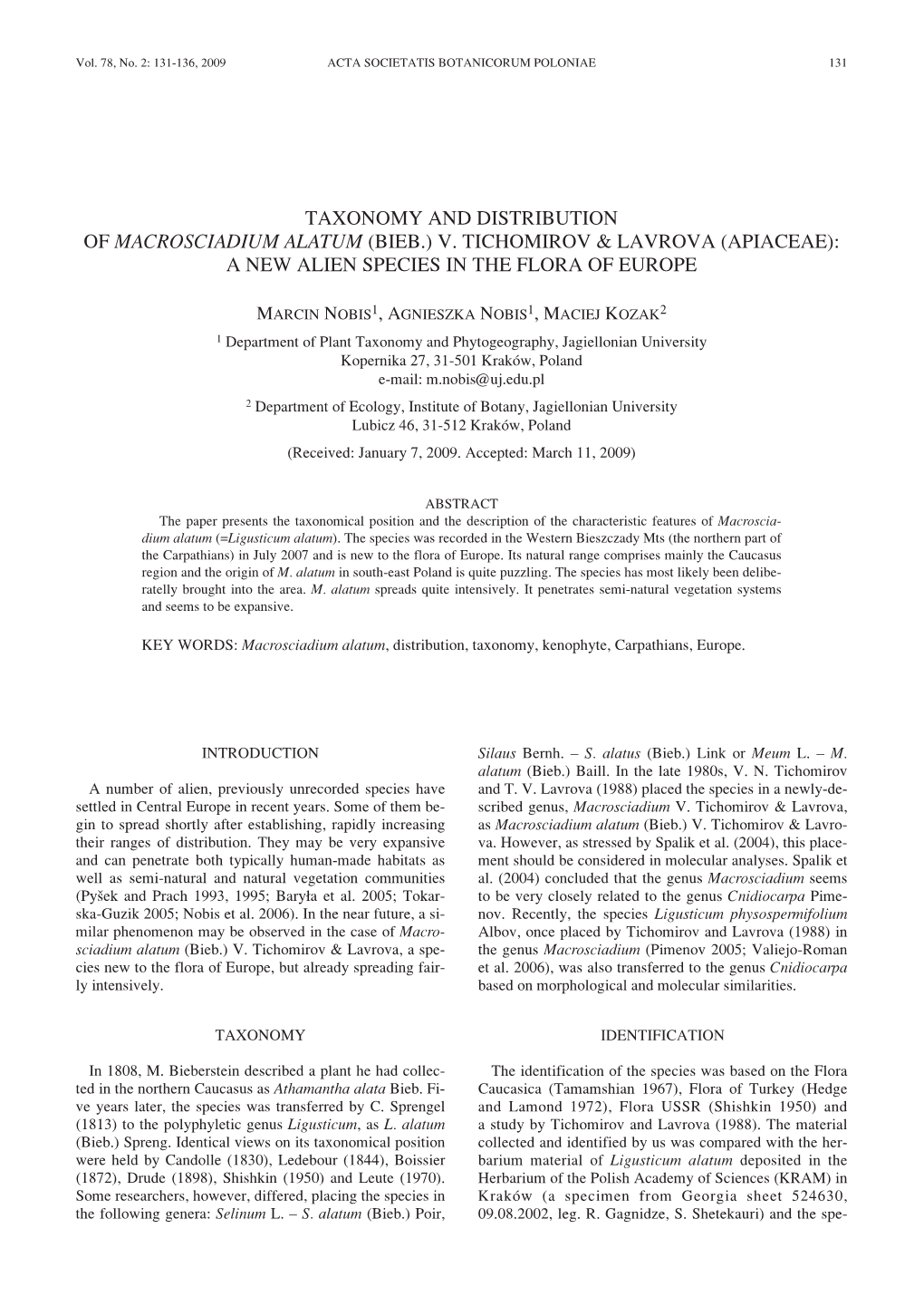 Taxonomy and Distribution of Macrosciadium Alatum (Bieb.) V
