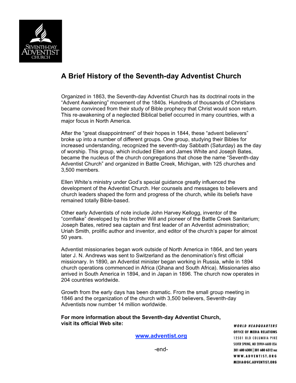 A Brief History of the Seventh-Day Adventist Church