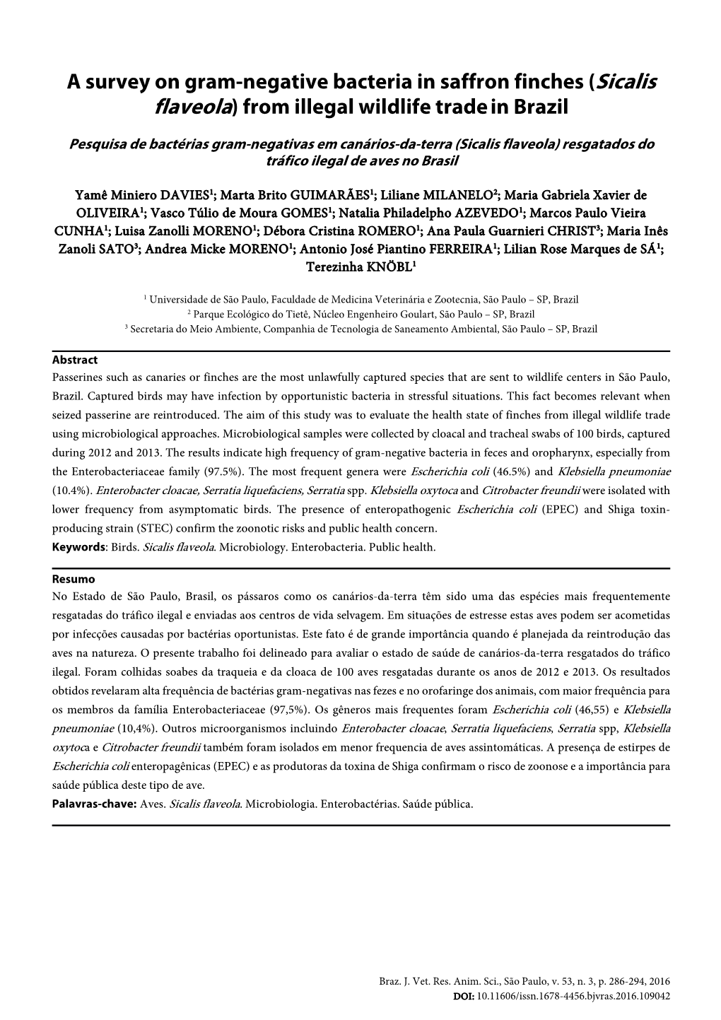 A Survey on Gram-Negative Bacteria in Saffron Finches (Sicalis Flaveola)