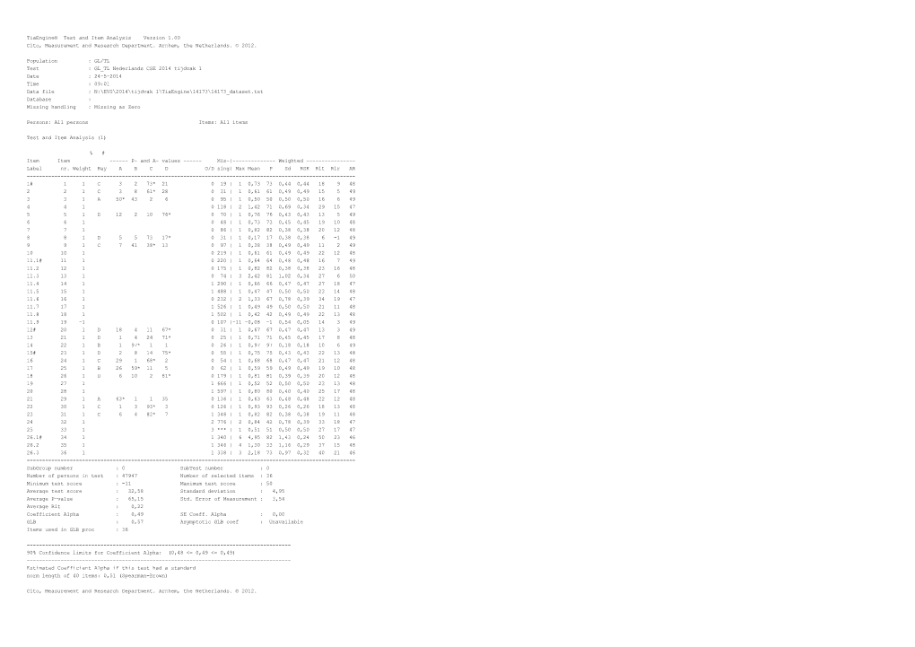 Tiaengine Test and Item Analysis Version 1.00