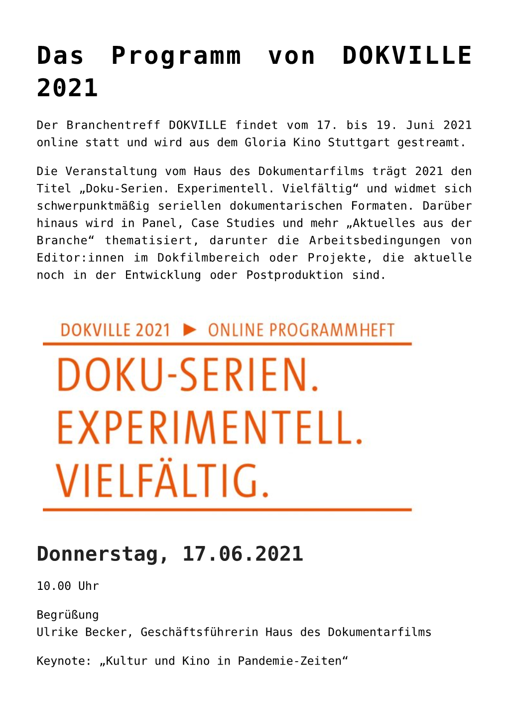 Das Programm Von DOKVILLE 2021