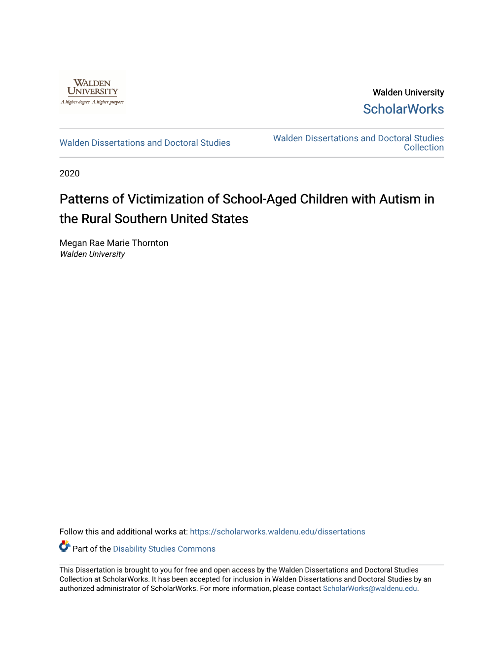 Patterns of Victimization of School-Aged Children with Autism in the Rural Southern United States