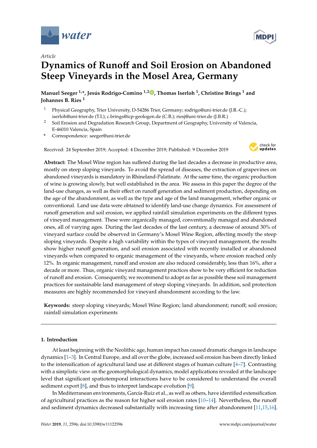 Dynamics of Runoff and Soil Erosion on Abandoned Steep Vineyards In