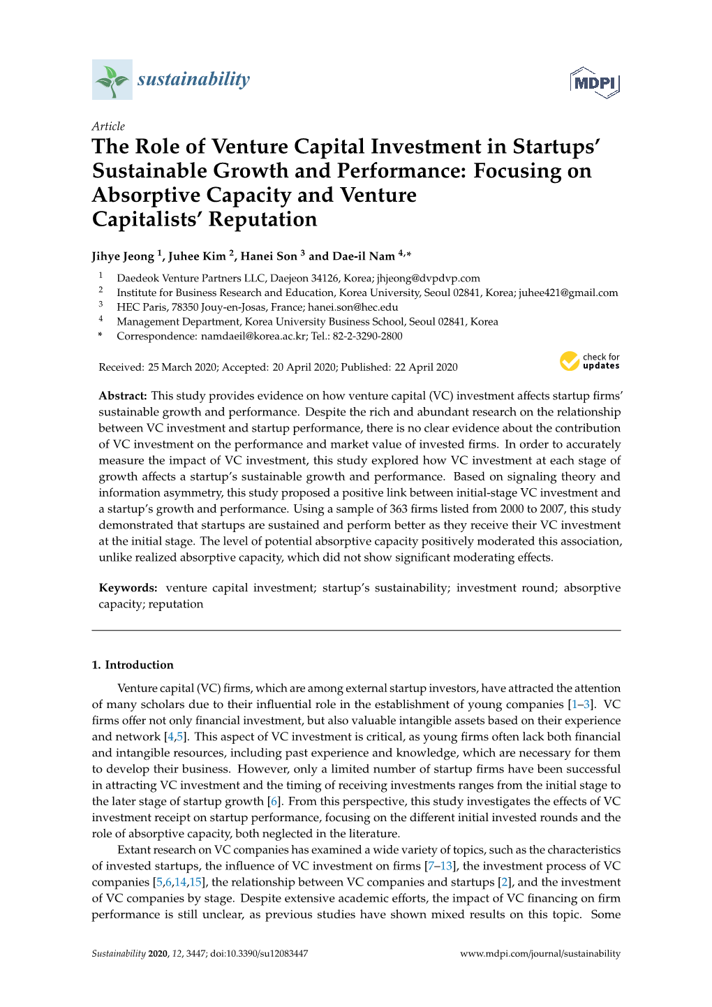 The Role of Venture Capital Investment in Startups' Sustainable Growth and Performance: Focusing on Absorptive Capacity and Ve