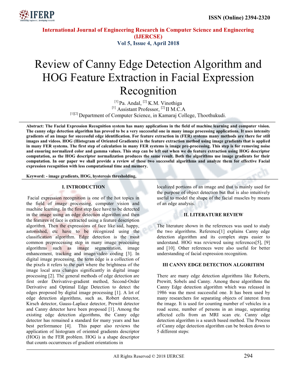 Review of Canny Edge Detection Algorithm and HOG Feature Extraction in Facial Expression Recognition [1] Pa