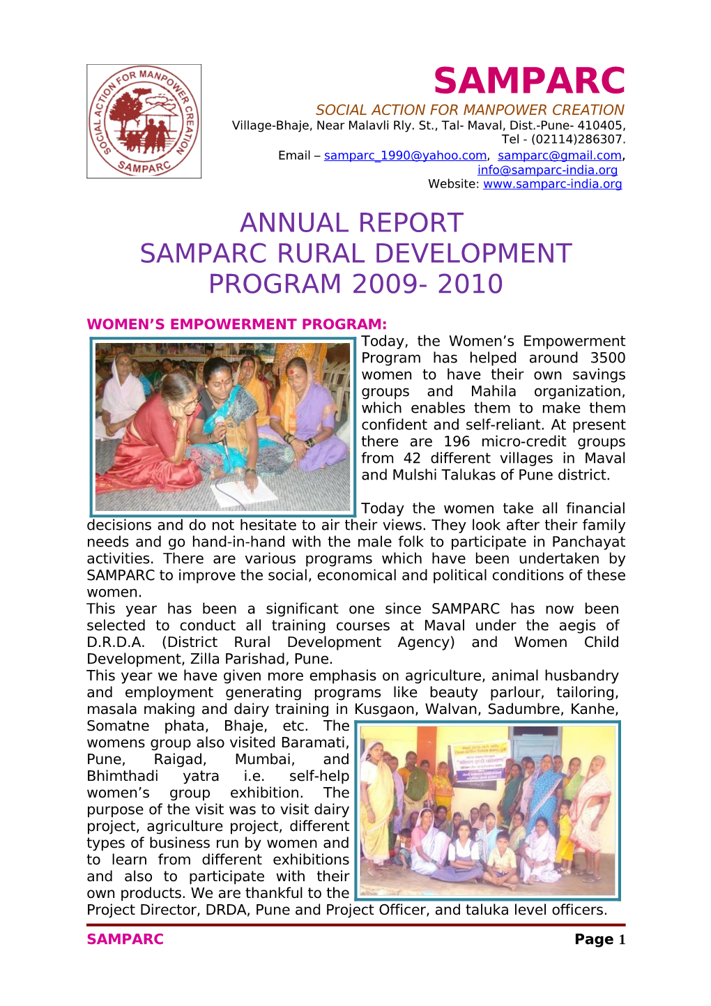 SAMPARC SOCIAL ACTION for MANPOWER CREATION Village-Bhaje, Near Malavli Rly