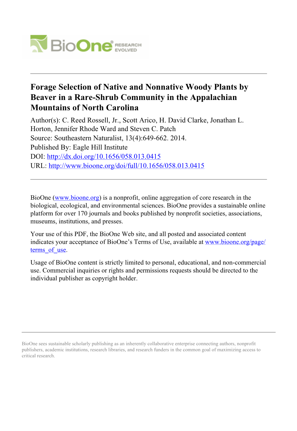 Forage Selection of Native and Nonnative Woody Plants by Beaver in a Rare-Shrub Community in the Appalachian Mountains of North Carolina Author(S): C