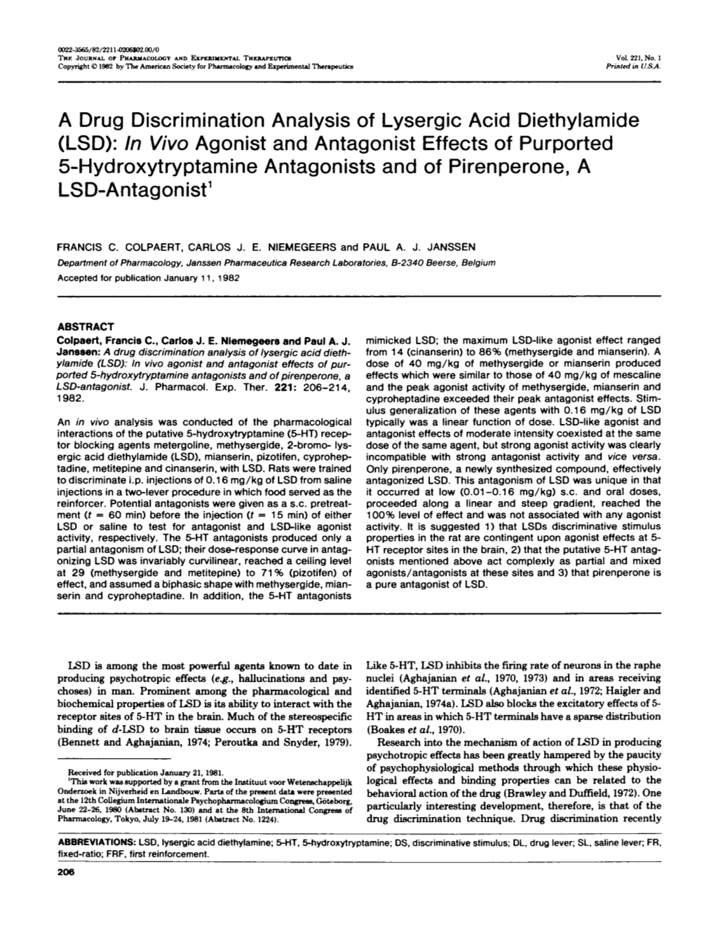 A Drug Discrimination Analysis of Lysergic Acid Diethylamide (LSD