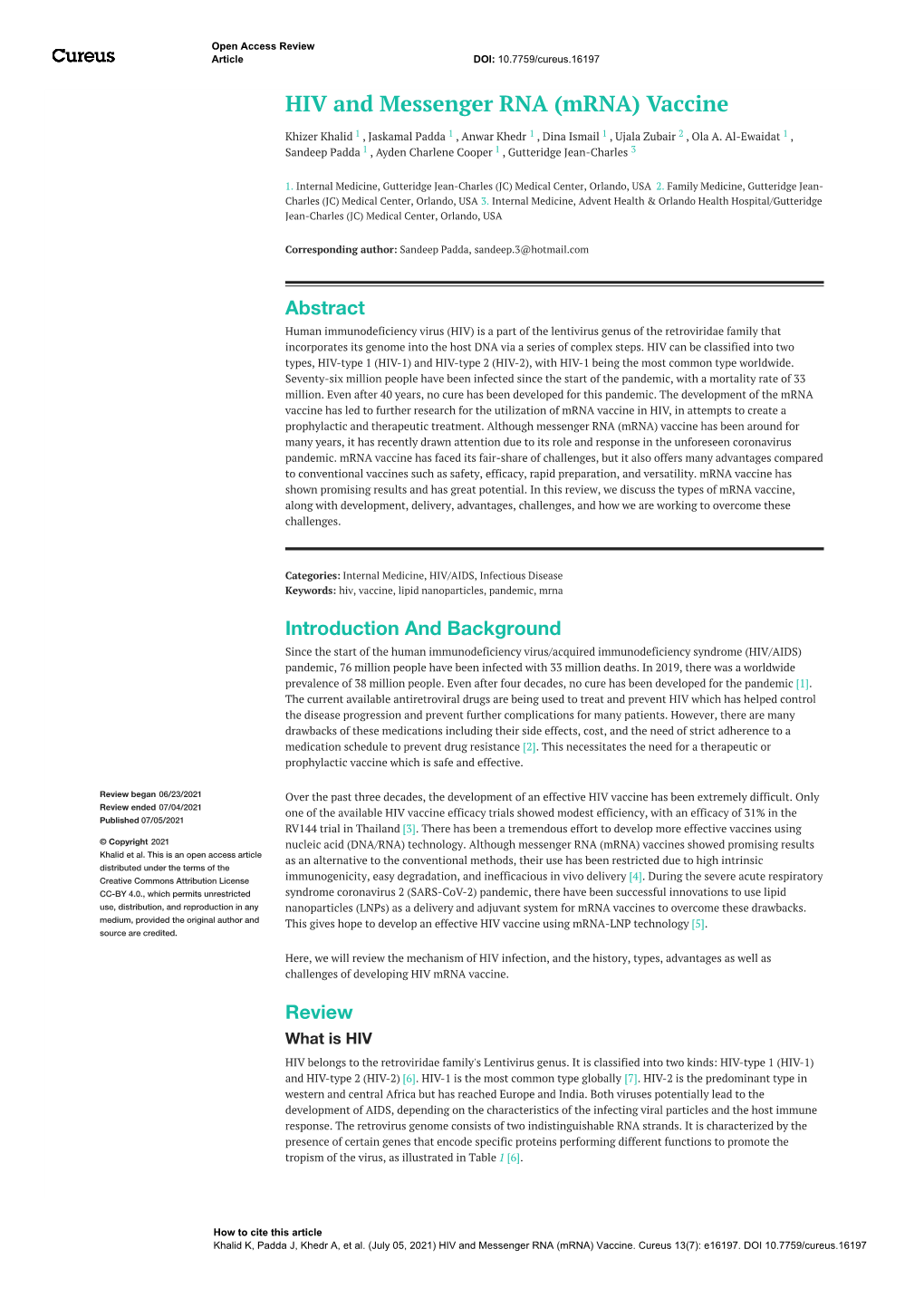 HIV and Messenger RNA (Mrna) Vaccine