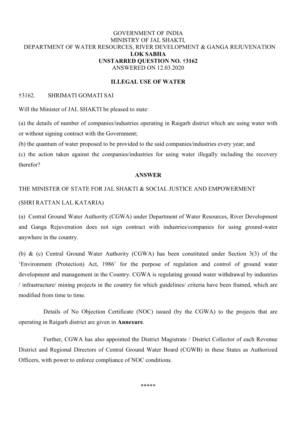 Government of India Ministry of Jal Shakti, Department of Water Resources, River Development & Ganga Rejuvenation Lok Sabha Unstarred Question No