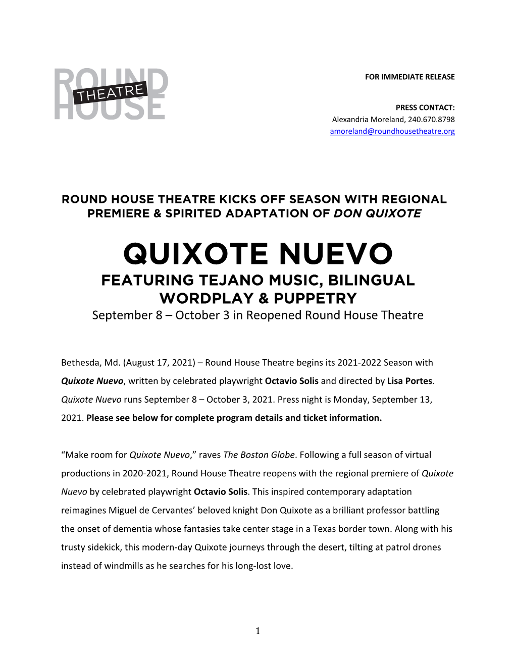 QUIXOTE NUEVO FEATURING TEJANO MUSIC, BILINGUAL WORDPLAY & PUPPETRY September 8 – October 3 in Reopened Round House Theatre