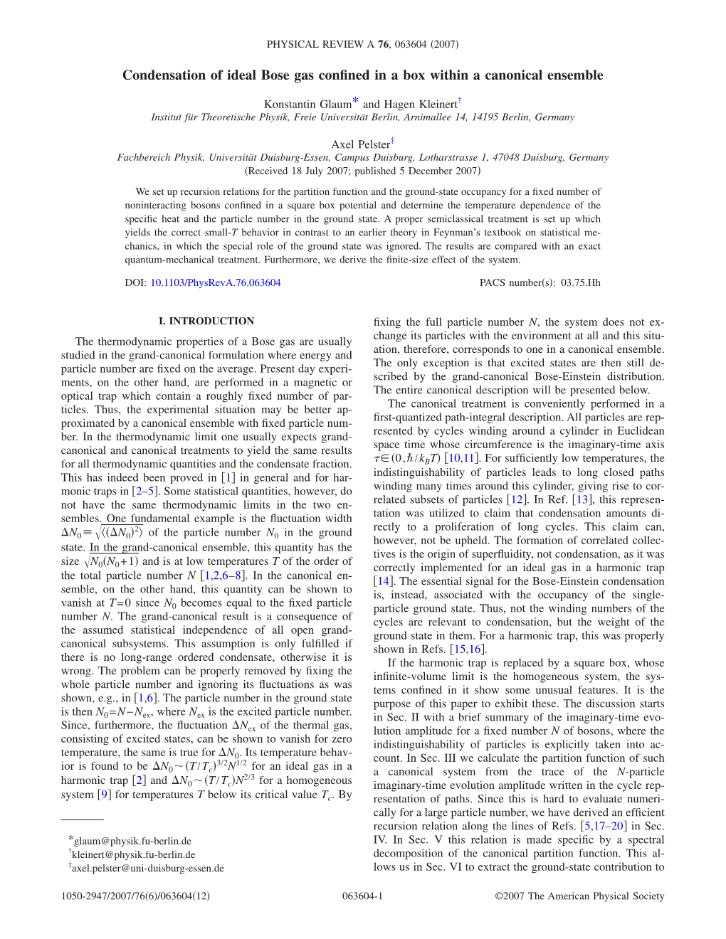 Condensation of Ideal Bose Gas Confined In… Physical Review a 76, 063604 ͑2007͒