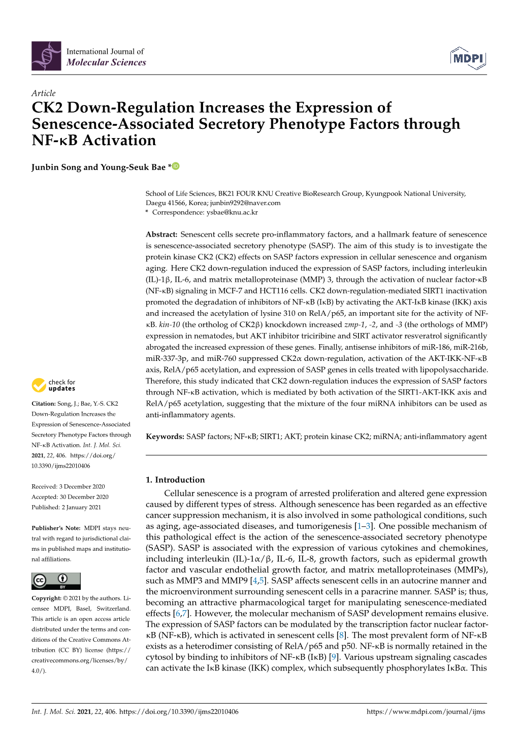 CK2 Down-Regulation Increases the Expression of Senescence-Associated Secretory Phenotype Factors Through NF-Κb Activation