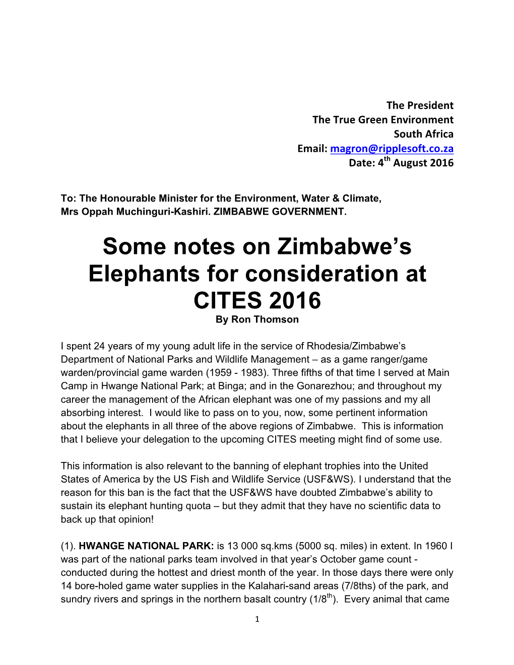 ZIMBABWE's ELEPHANTS. 2016 Letter