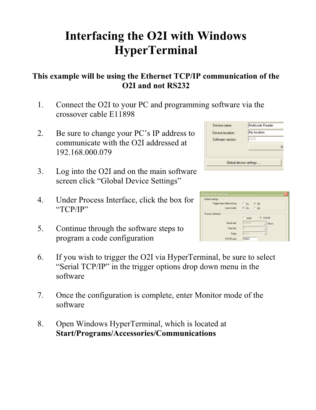 Interfacing the O2I with Windows Hyperterminal