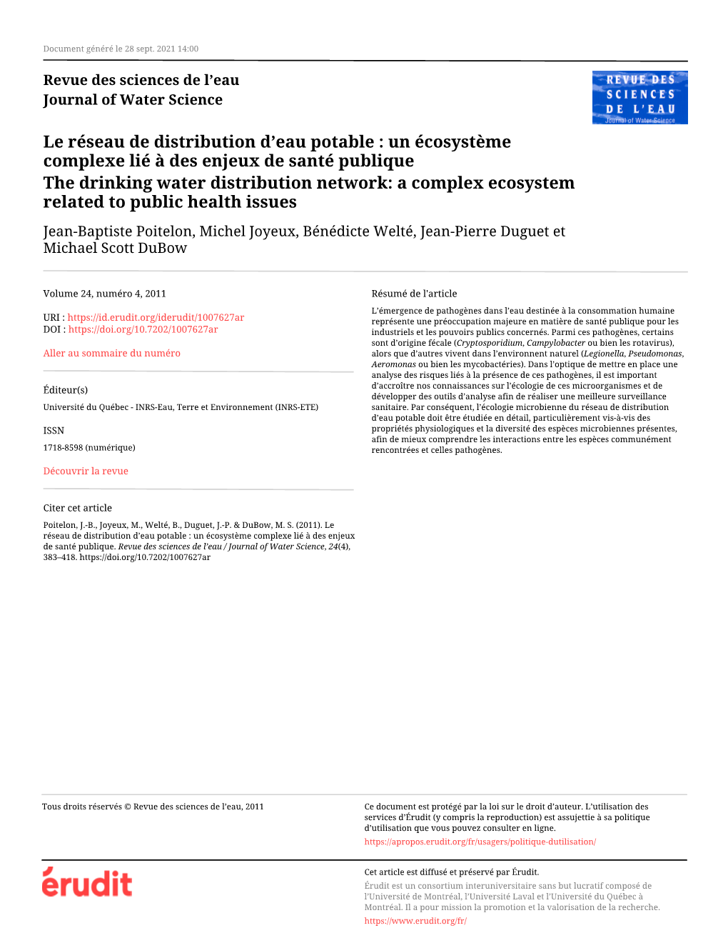 Le Réseau De Distribution D'eau Potable