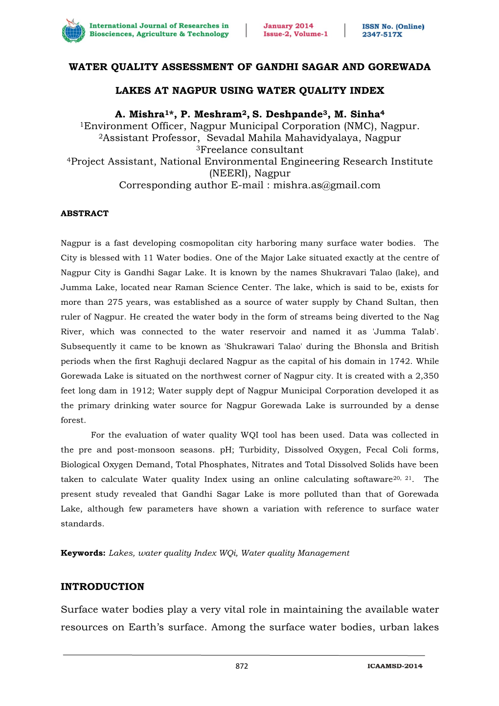 Water Quality Assessment of Gandhi Sagar and Gorewada