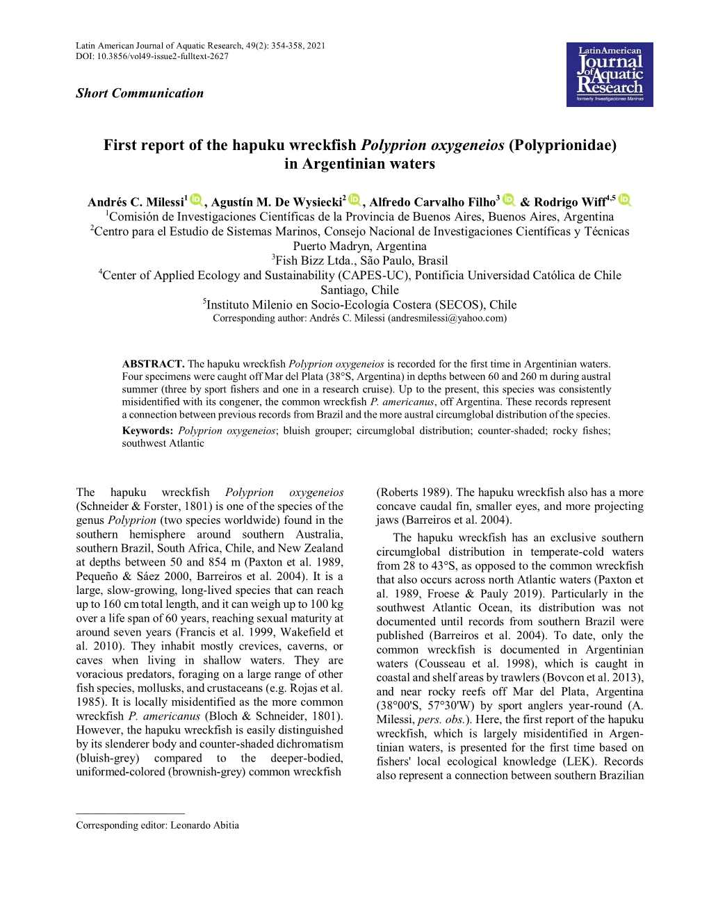 First Report of the Hapuku Wreckfish Polyprion Oxygeneios (Polyprionidae) in Argentinian Waters