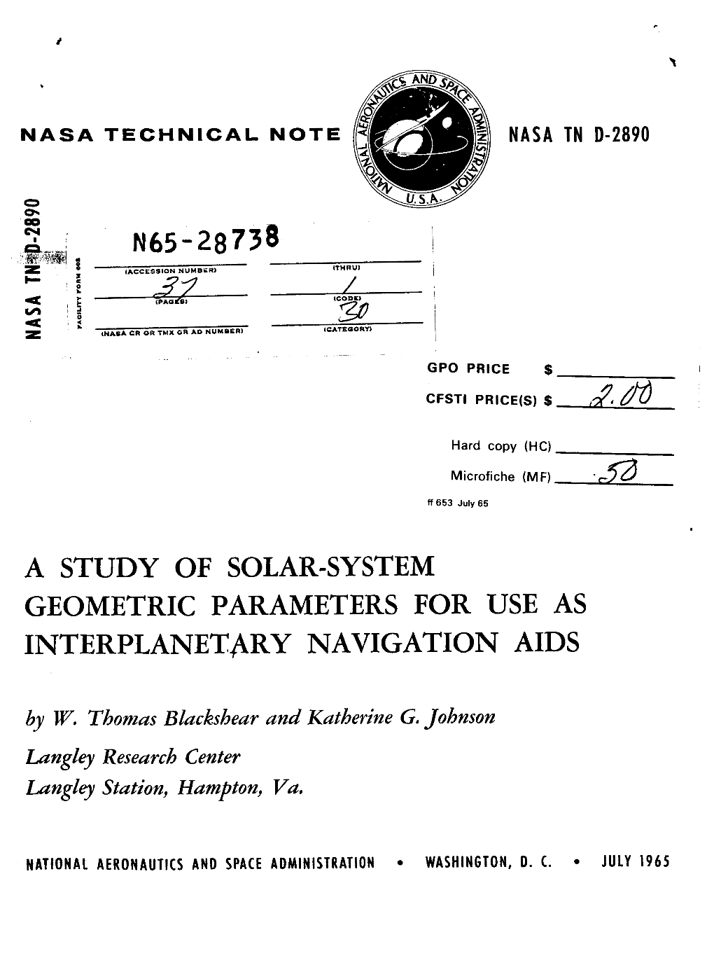 A STUDY of SOLAR-SYSTEM GEOMETRIC PARAMETERS for USE AS INTERPLANETARY NAVIGATION AIDS by W