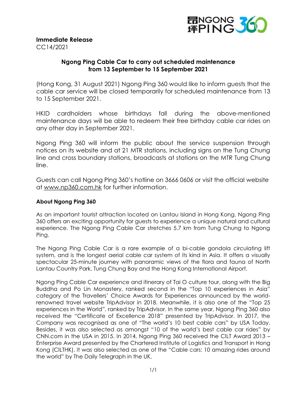 Immediate Release CC14/2021 Ngong Ping Cable Car to Carry Out