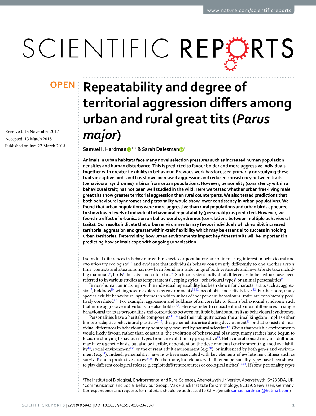Repeatability and Degree of Territorial Aggression Differs Among Urban