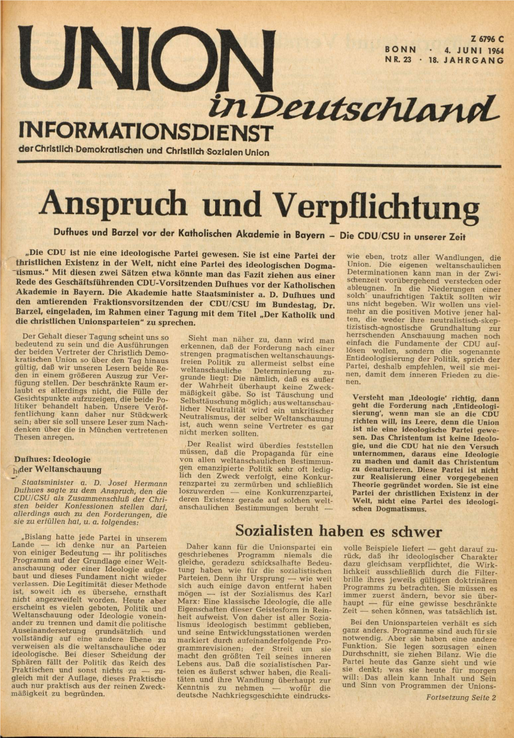 UID Jg. 18 1964 Nr. 23, Union in Deutschland