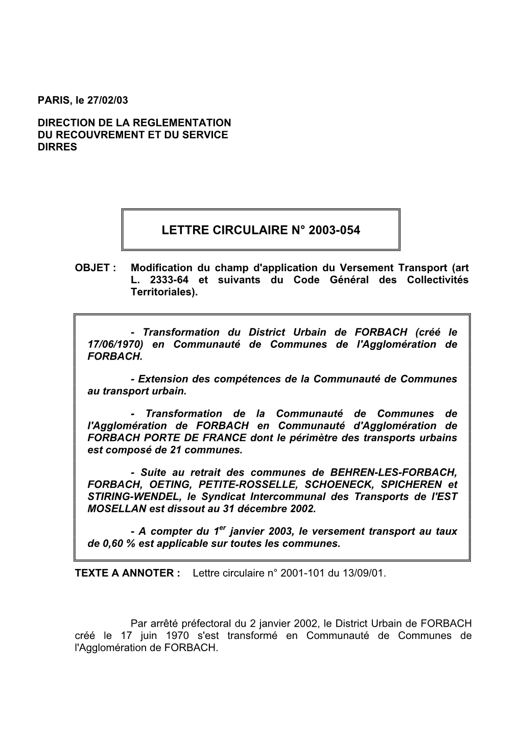 Modification Versement Transport District Urbain