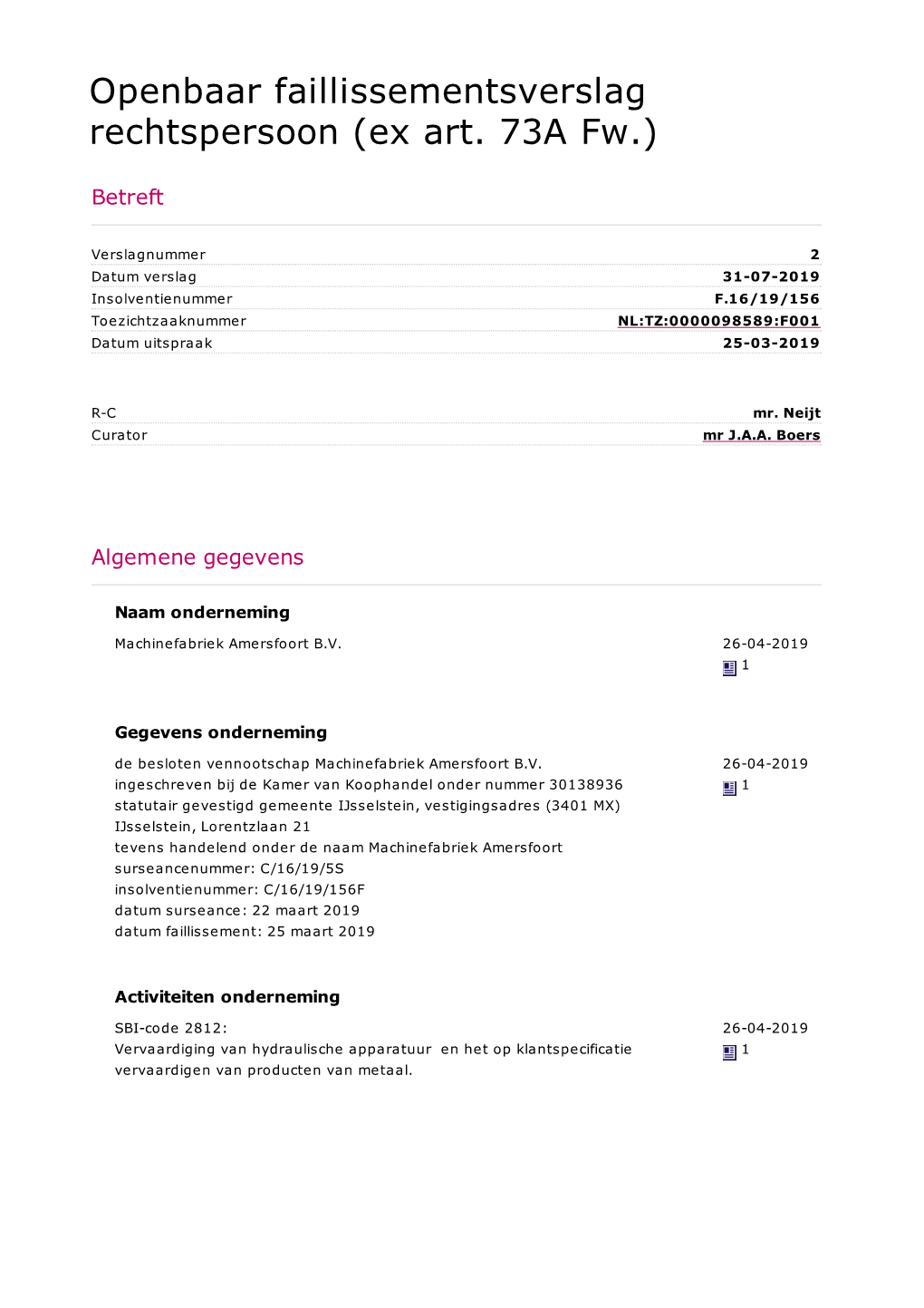 Openbaar Faillissementsverslag Rechtspersoon (Ex Art. 73A Fw.)