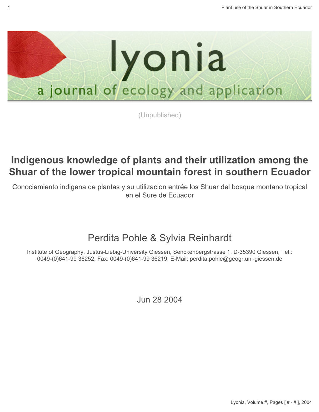 Indigenous Knowledge of Plants and Their Utilization Among the Shuar Of