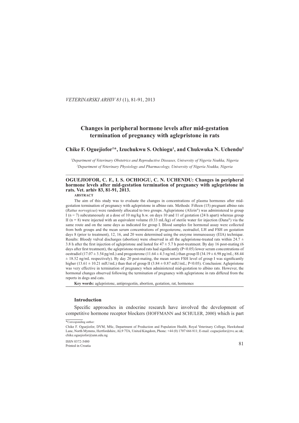 Changes in Peripheral Hormone Levels After Mid-Gestation Termination of Pregnancy with Aglepristone in Rats