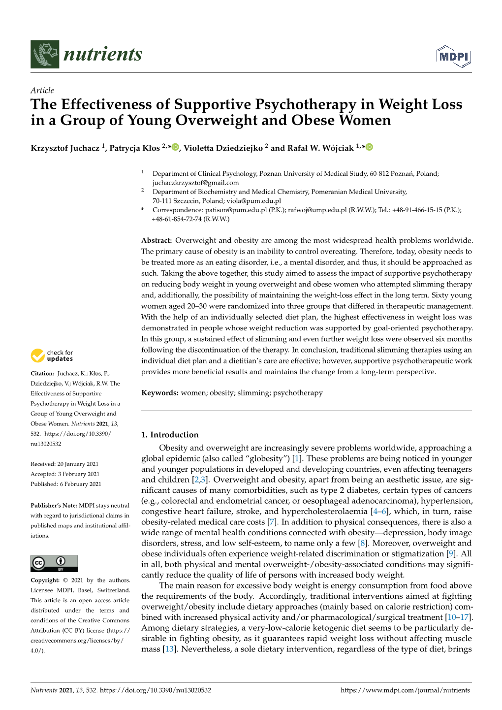 The Effectiveness of Supportive Psychotherapy in Weight Loss in a Group of Young Overweight and Obese Women