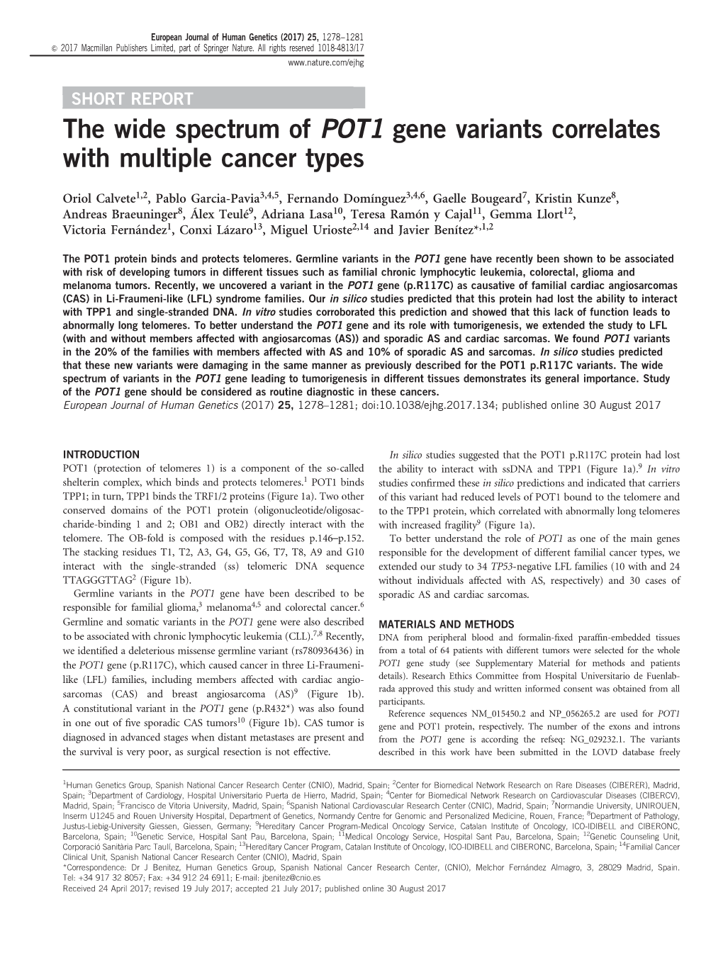 The Wide Spectrum of POT1 Gene Variants Correlates with Multiple Cancer Types