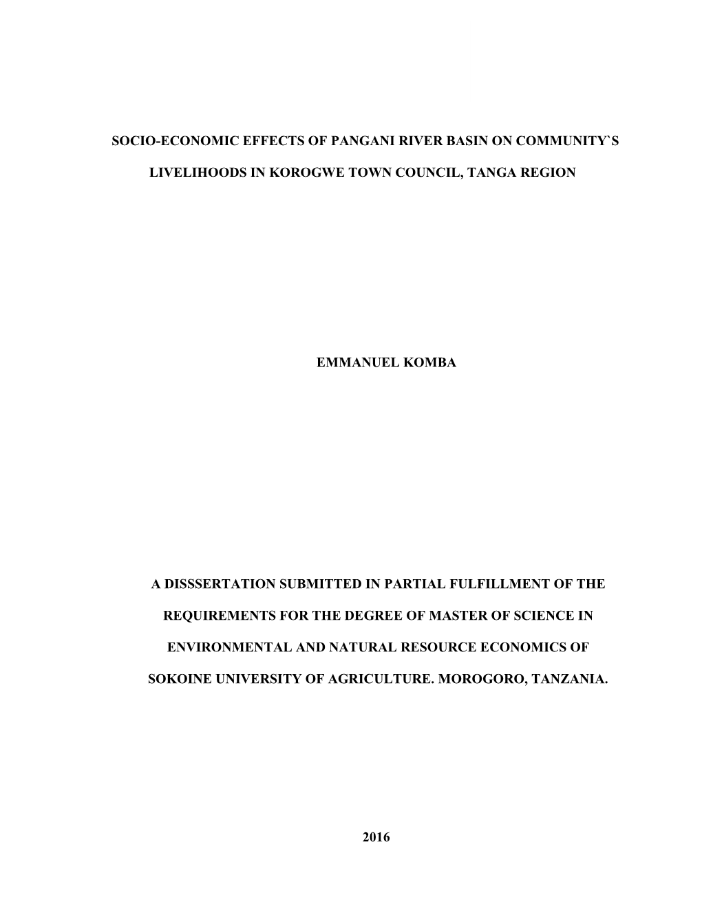 I SOCIO-ECONOMIC EFFECTS of PANGANI RIVER BASIN ON