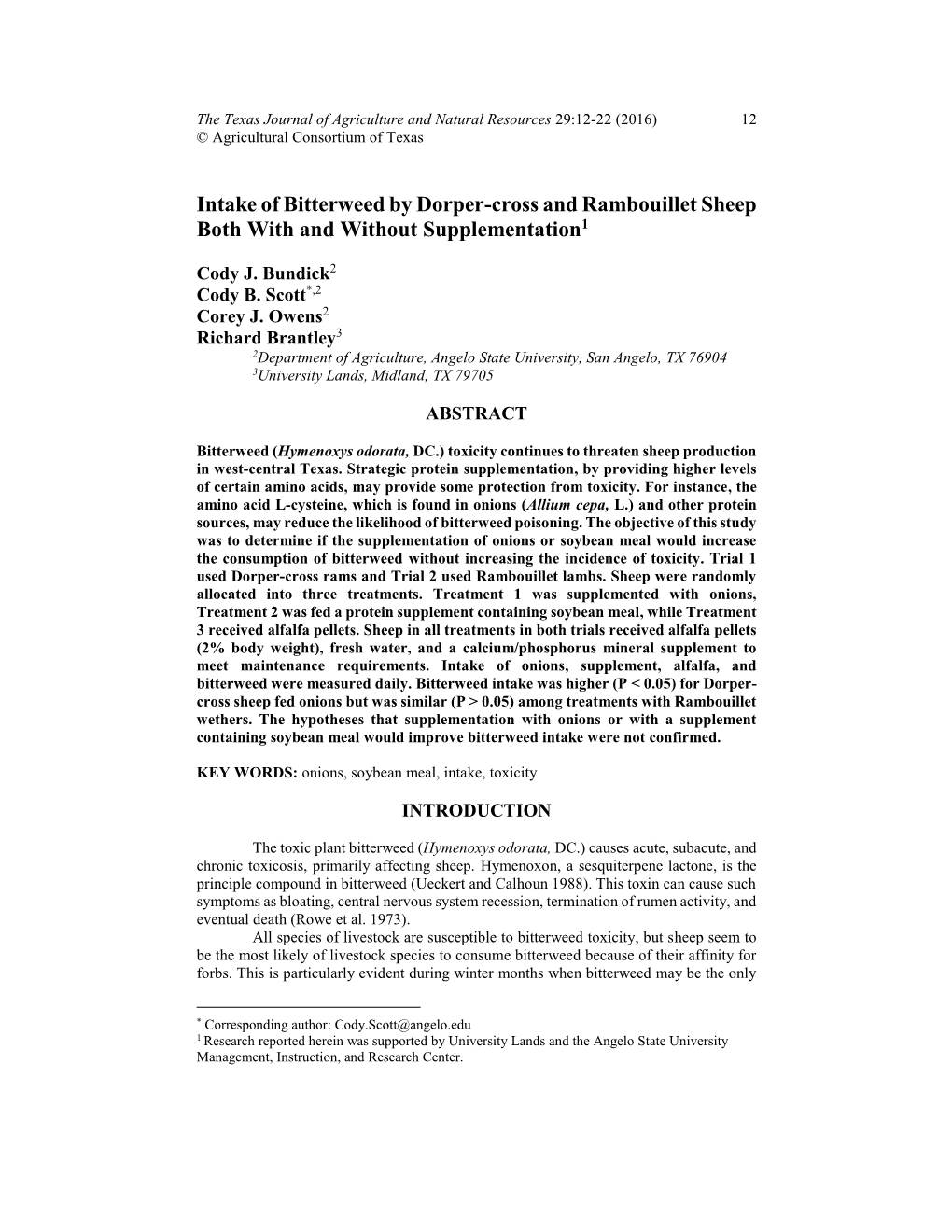 Intake of Bitterweed by Dorper-Cross and Rambouillet Sheep Both with and Without Supplementation1