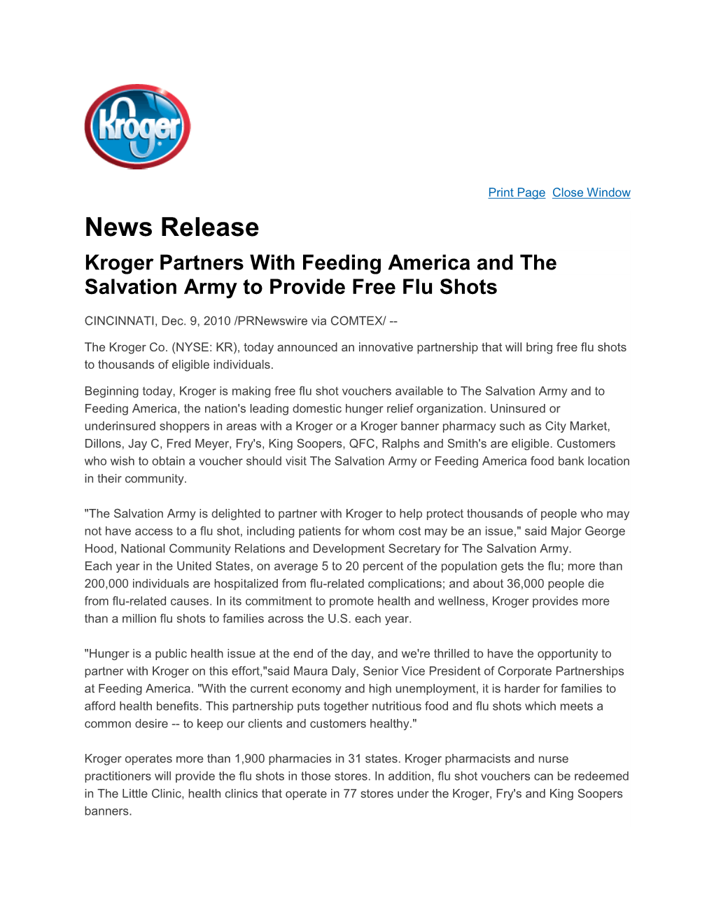 News Release Kroger Partners with Feeding America and the Salvation Army to Provide Free Flu Shots