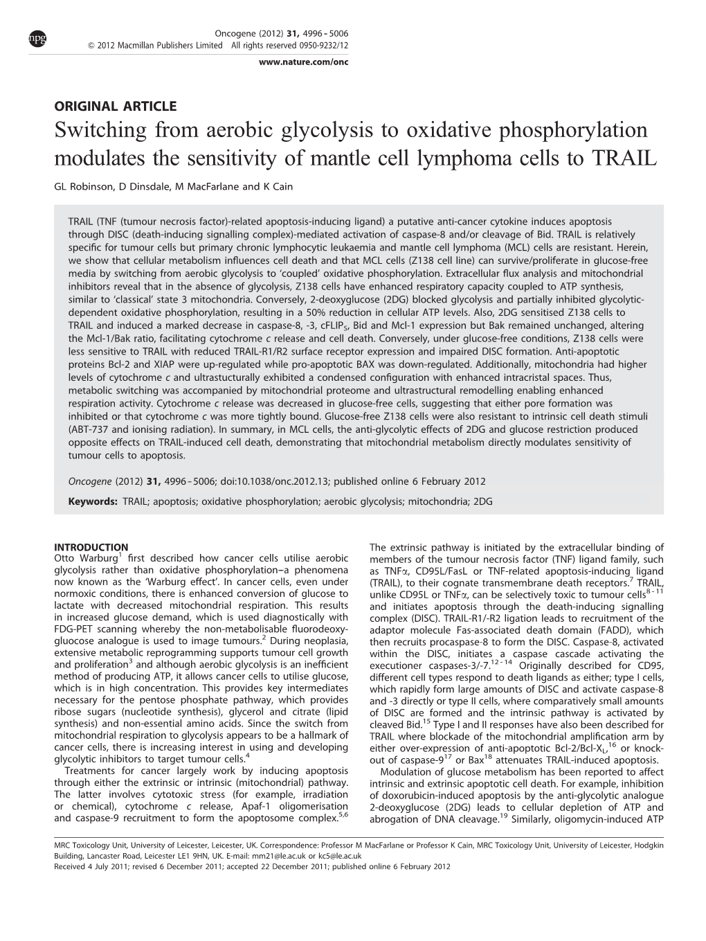 Switching from Aerobic Glycolysis to Oxidative Phosphorylation Modulates the Sensitivity of Mantle Cell Lymphoma Cells to TRAIL