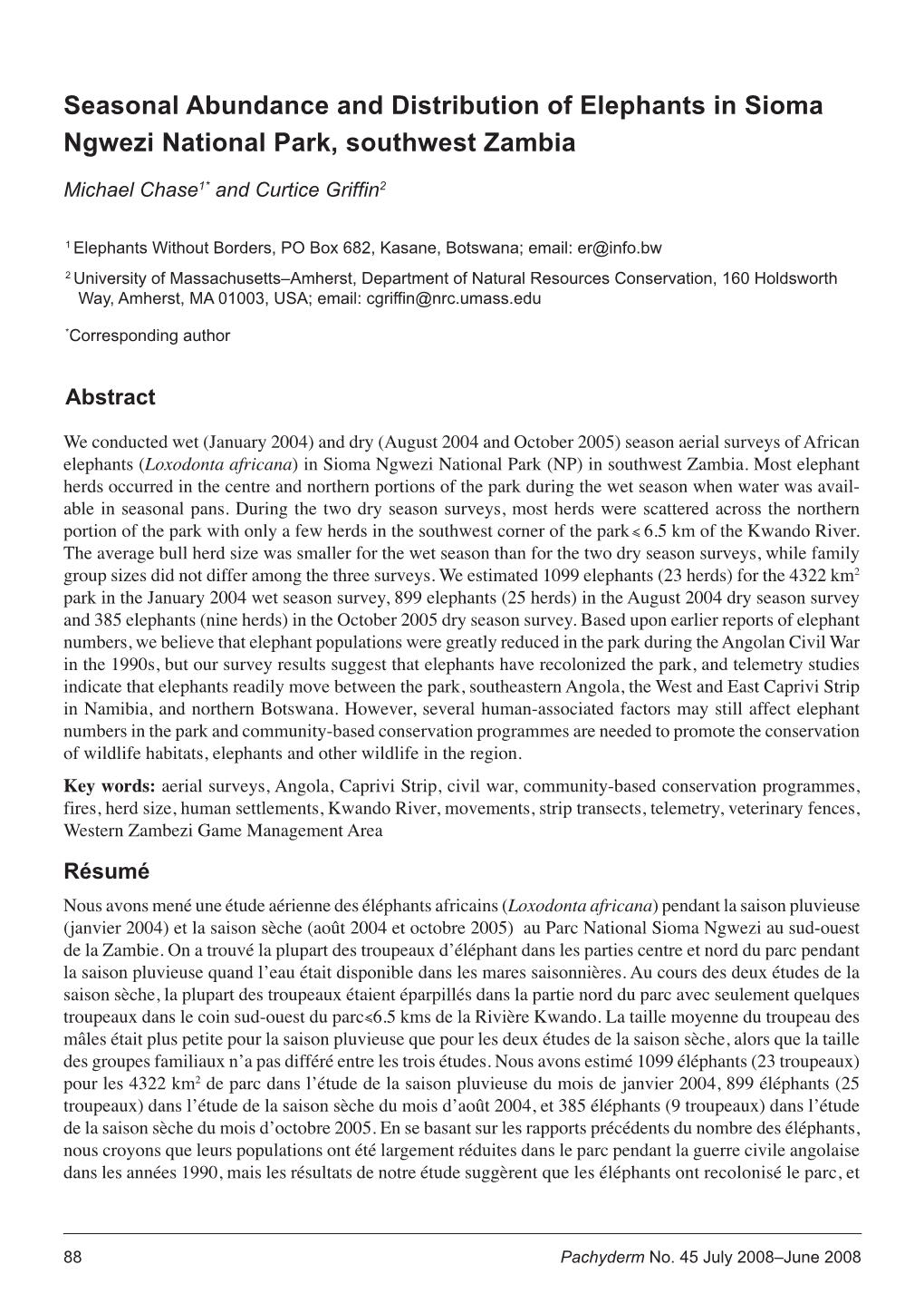 Seasonal Abundance and Distribution of Elephants in Sioma Ngwezi National Park, Southwest Zambia