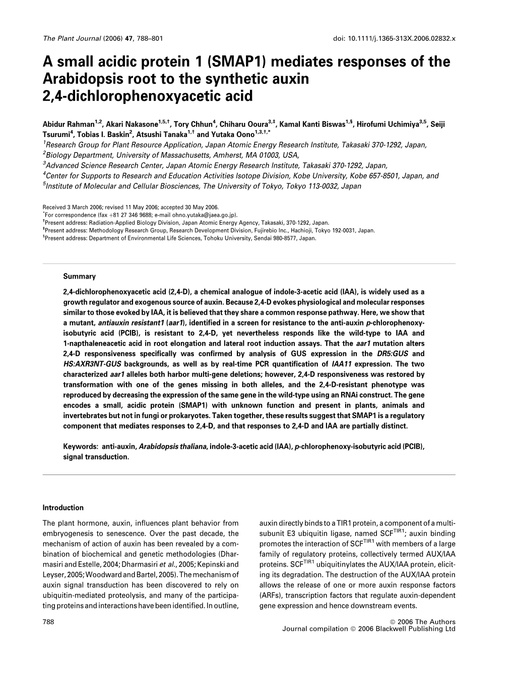 A Small Acidic Protein 1 (SMAP1) Mediates Responses of the Arabidopsis Root to the Synthetic Auxin 2,4-Dichlorophenoxyacetic Acid