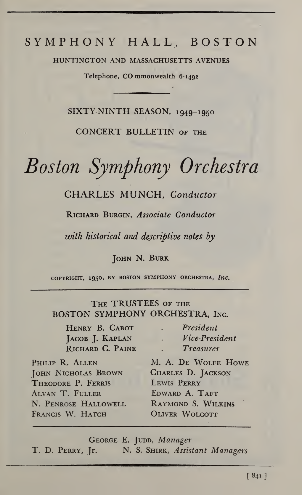 Boston Symphony Orchestra Concert Programs, Season 69