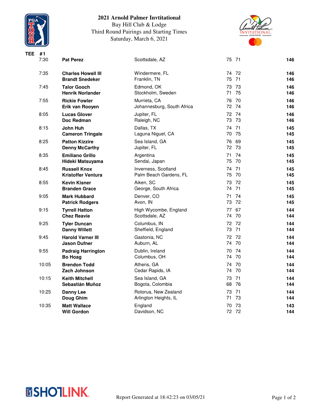 2021 Arnold Palmer Invtitational Bay Hill Club & Lodge Third Round Pairings and Starting Times Saturday, March 6, 2021