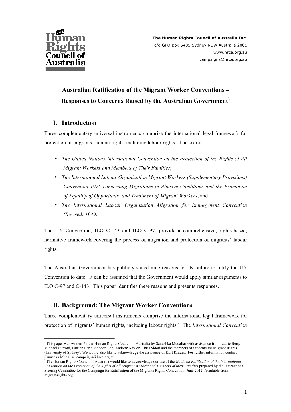 Australian Ratification of the Migrant Worker Conventions – Responses to Concerns Raised by the Australian Government1 I