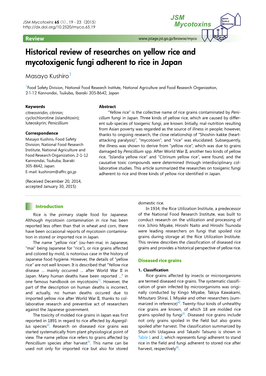 Historical Review of Researches on Yellow Rice and Mycotoxigenic Fungi Adherent to Rice in Japan